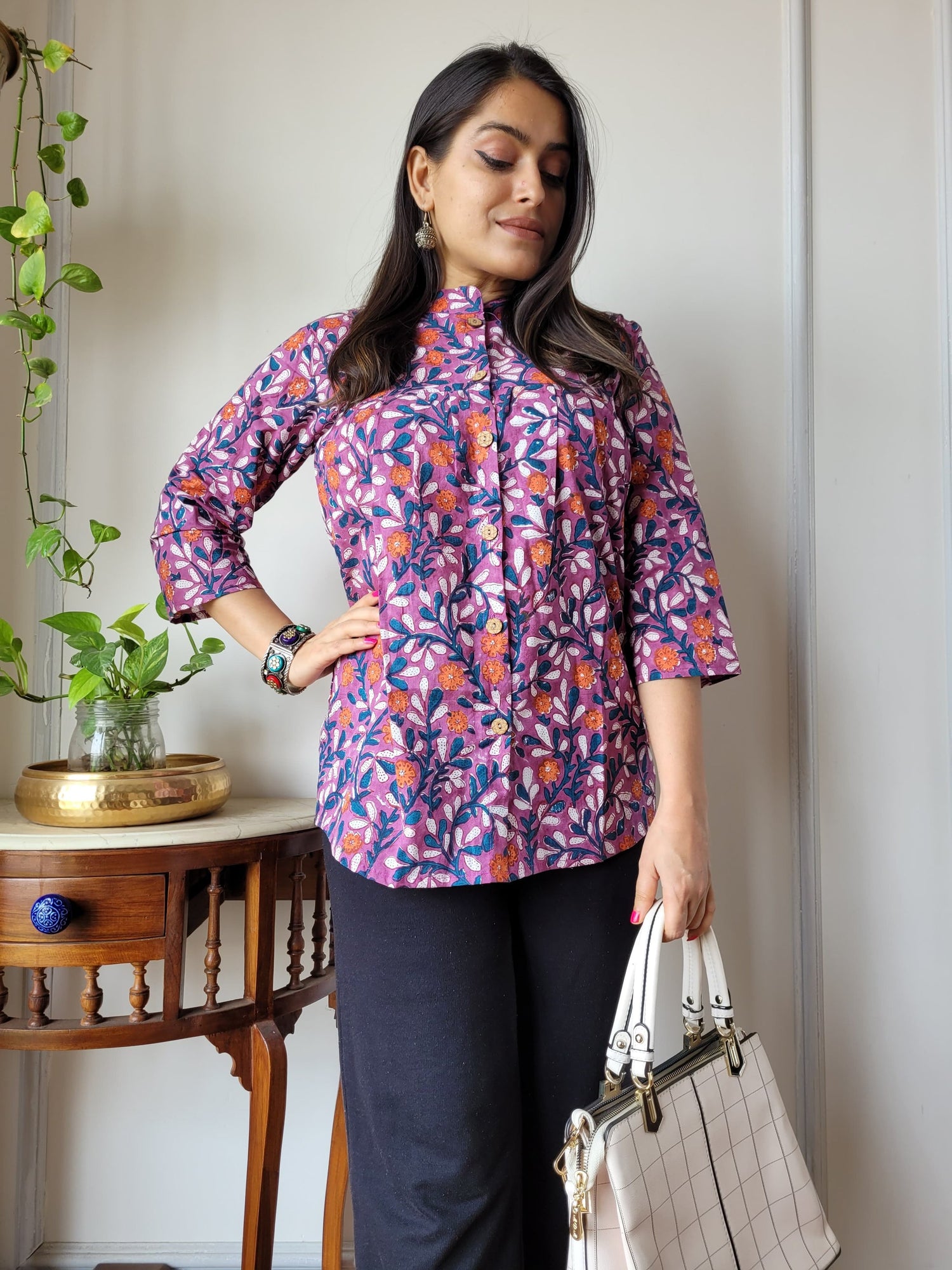 Women's Purple & Black Geometric Print Top | 3/4 Sleeve Casual Kurti Shirt