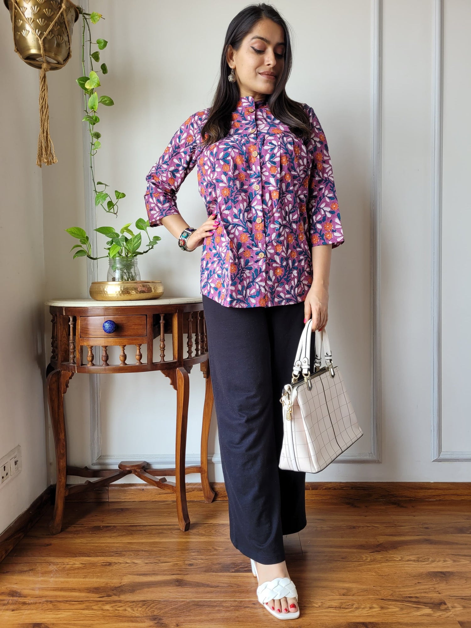 Women's Purple & Black Geometric Print Top | 3/4 Sleeve Casual Kurti Shirt