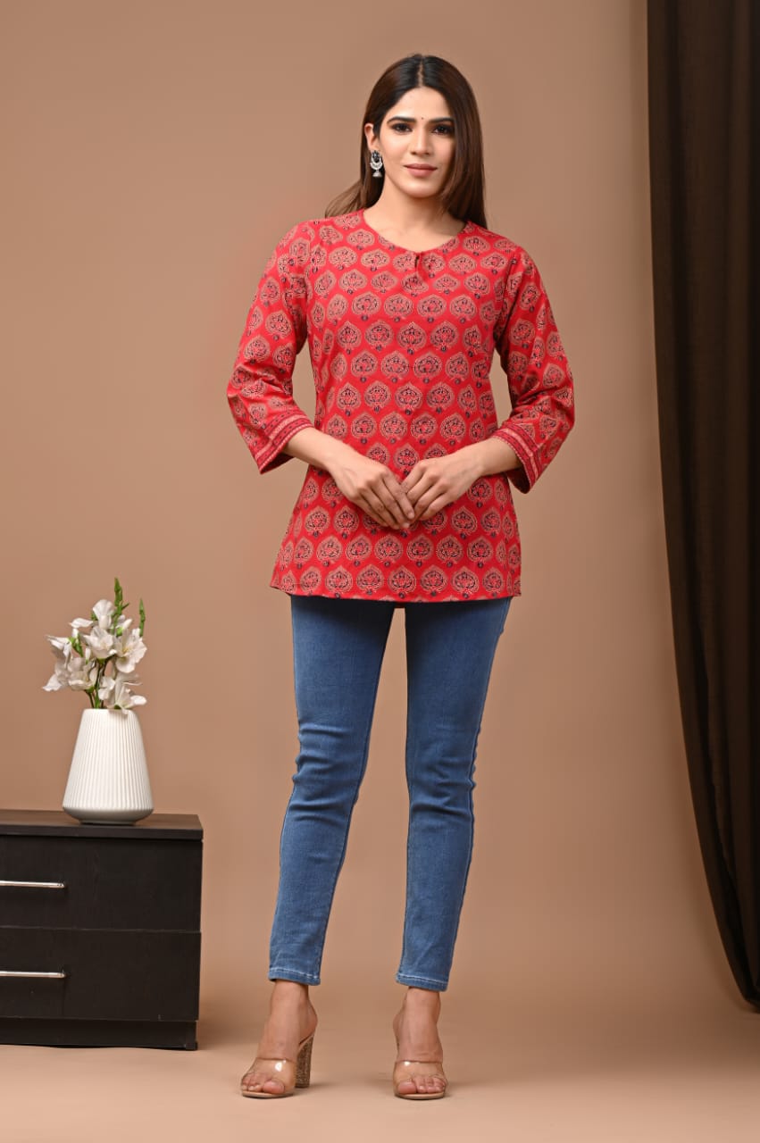 Women's Red All-Over Floral Print Short Kurti Top | Round Neck Casual Ethnic Wear