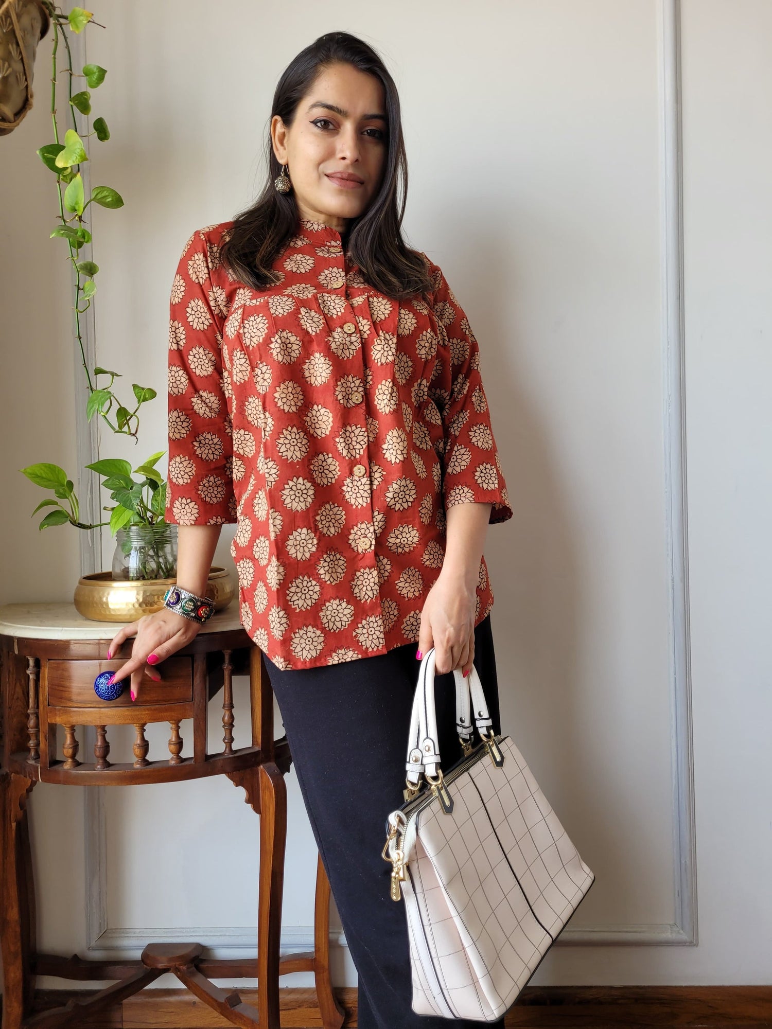 Women's Red & White Floral Block Print Cotton Top | Casual Ethnic Kurti Shirt