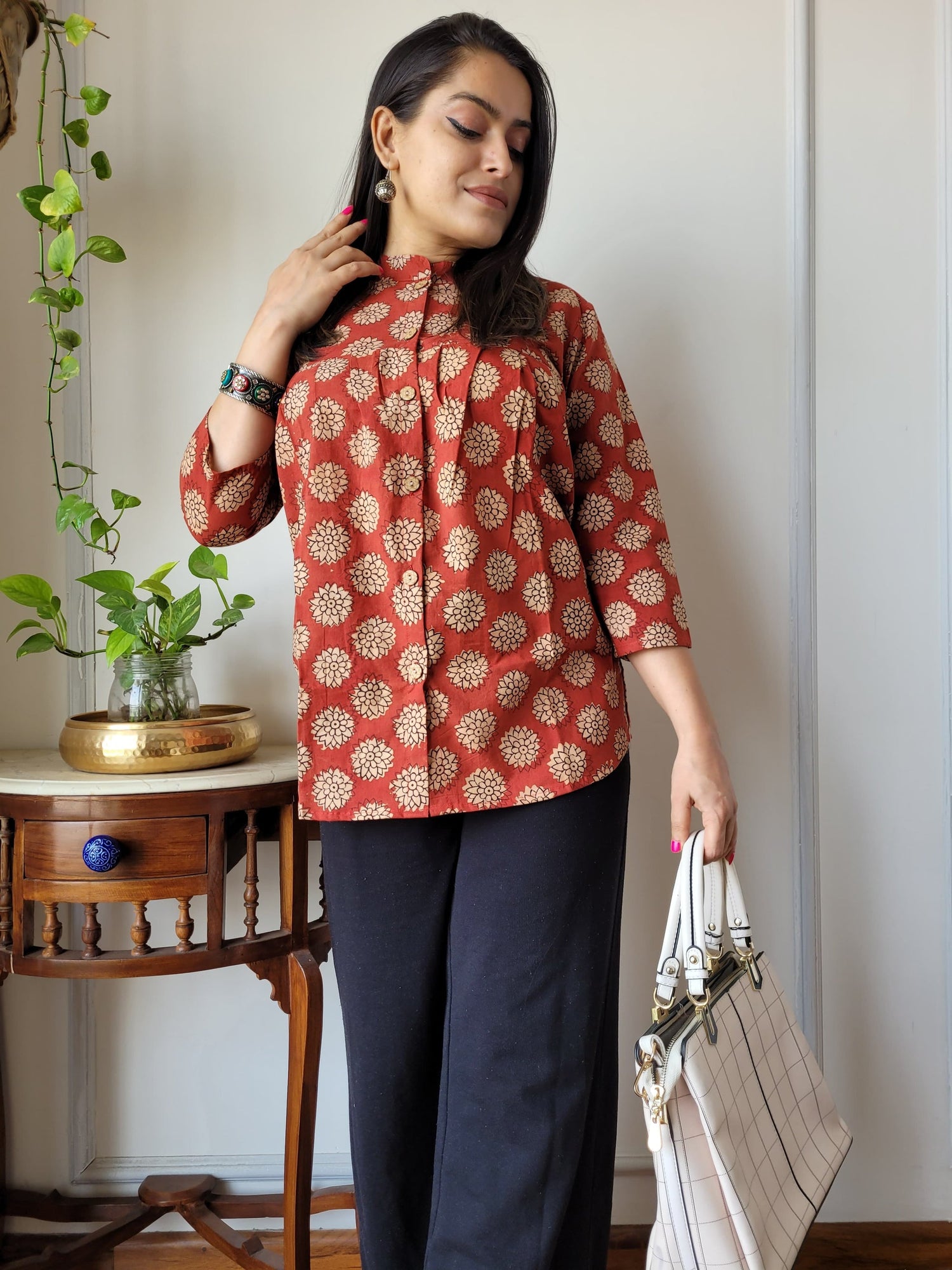 Women's Red & White Floral Block Print Cotton Top | Casual Ethnic Kurti Shirt