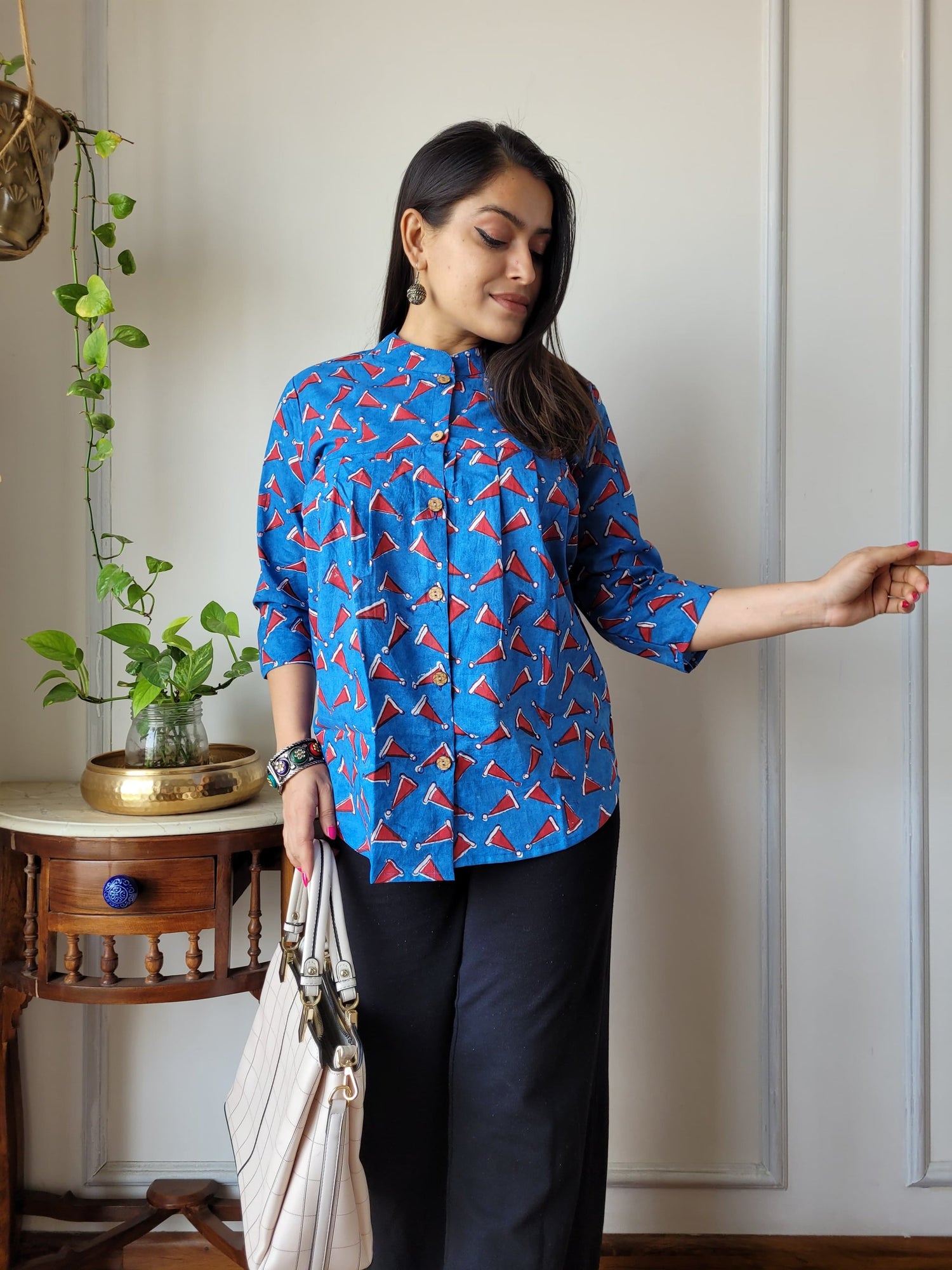 Women's Royal Blue Floral Block Print Casual Top | Loose Fit 3/4 Sleeve Ethnic Mandarin Collar Shirt