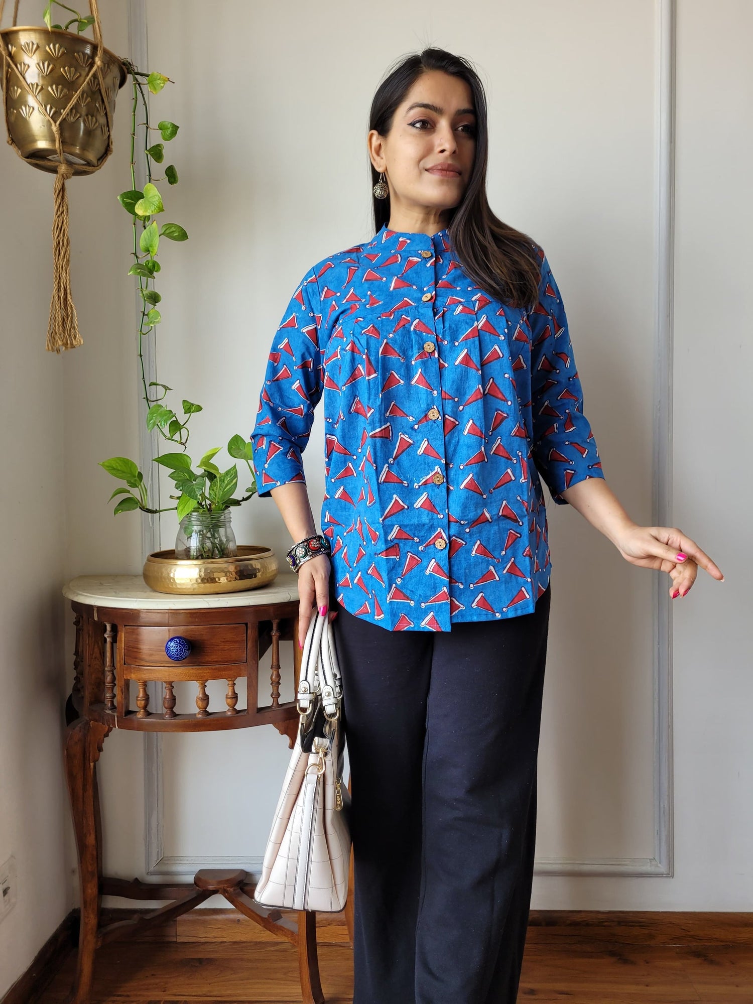 Women's Royal Blue Floral Block Print Casual Top | Loose Fit 3/4 Sleeve Ethnic Mandarin Collar Shirt