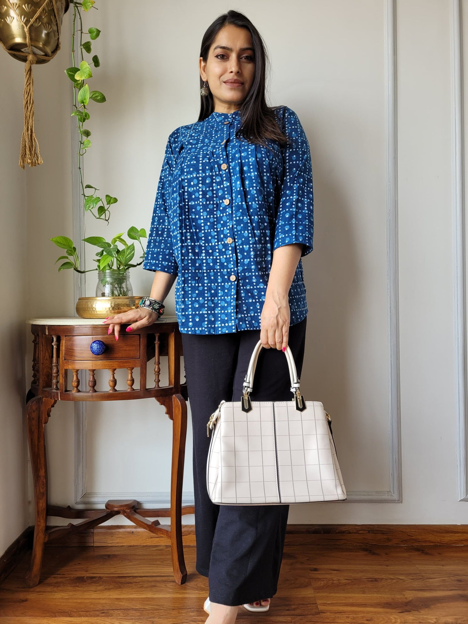 Women's Royal Blue Geometric Print Casual Top | Ethnic Mandarin Collar Shirt