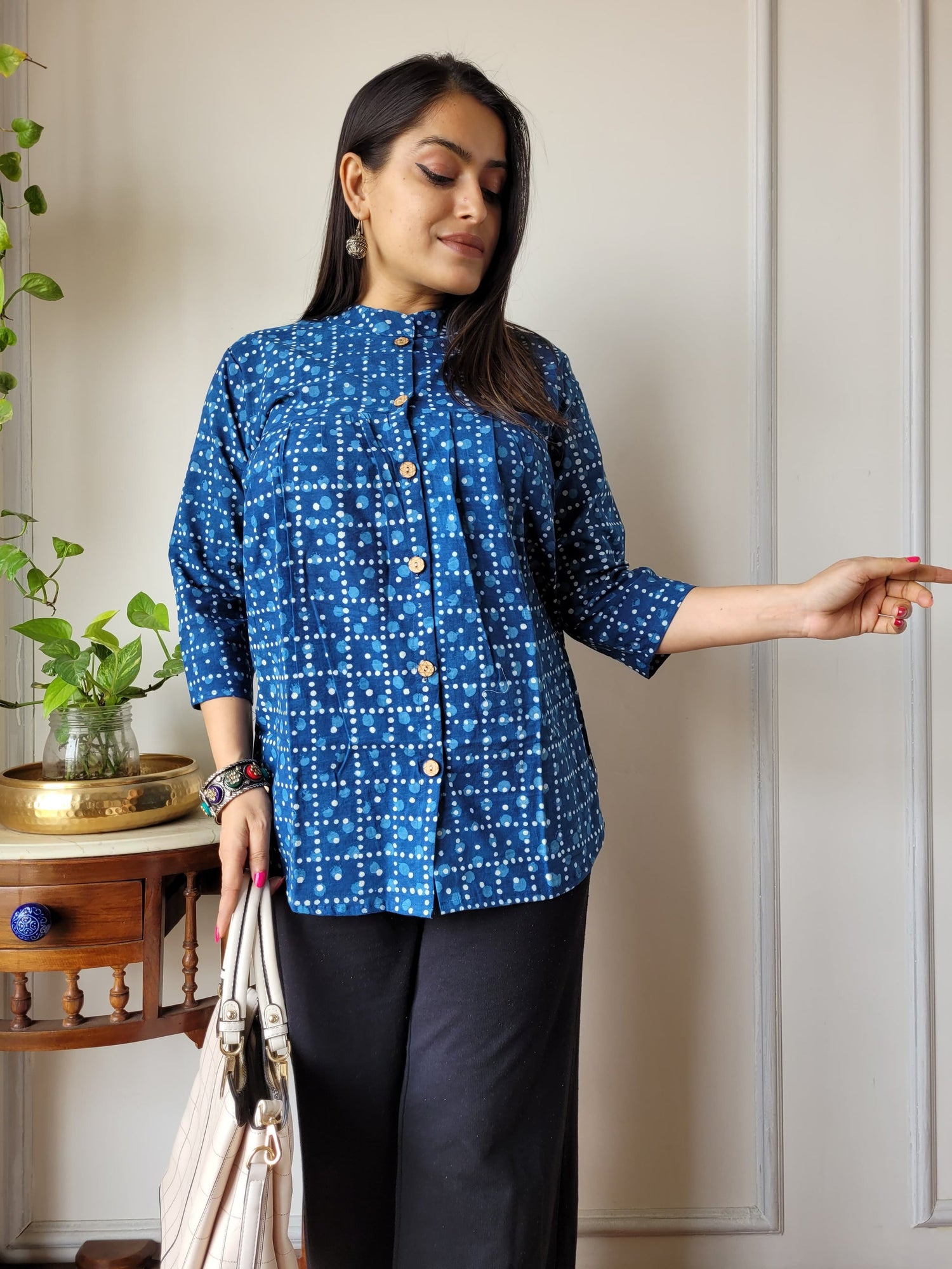 Women's Royal Blue Geometric Print Casual Top | Ethnic Mandarin Collar Shirt