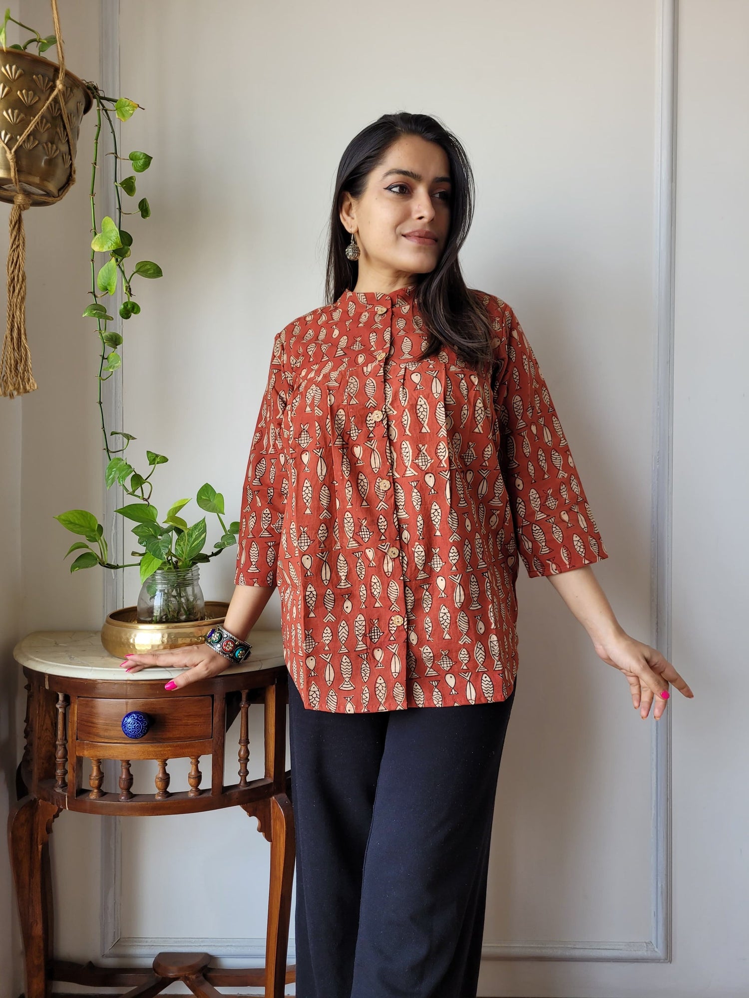Women's Rust Orange Printed Mandarin Collar Top | Loose Fit Ethnic Casual Wear