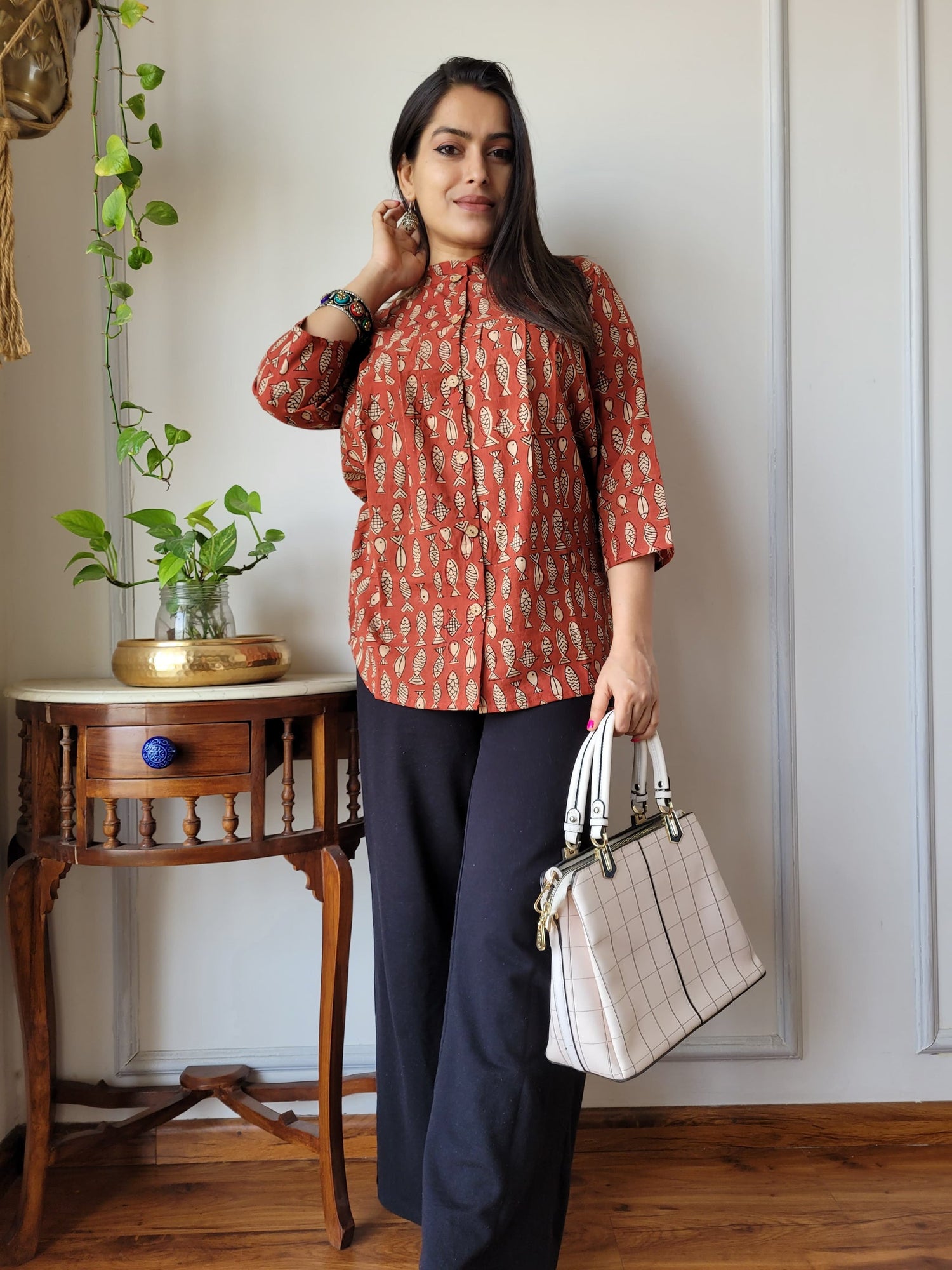 Women's Rust Orange Printed Mandarin Collar Top | Loose Fit Ethnic Casual Wear
