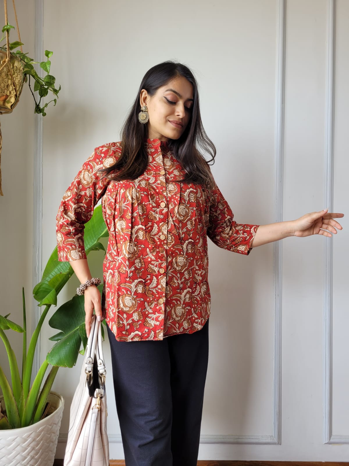 Women's Rust Red Block Print Casual Top | 3/4 Sleeve Relaxed Fit Ethnic Kurti Shirt