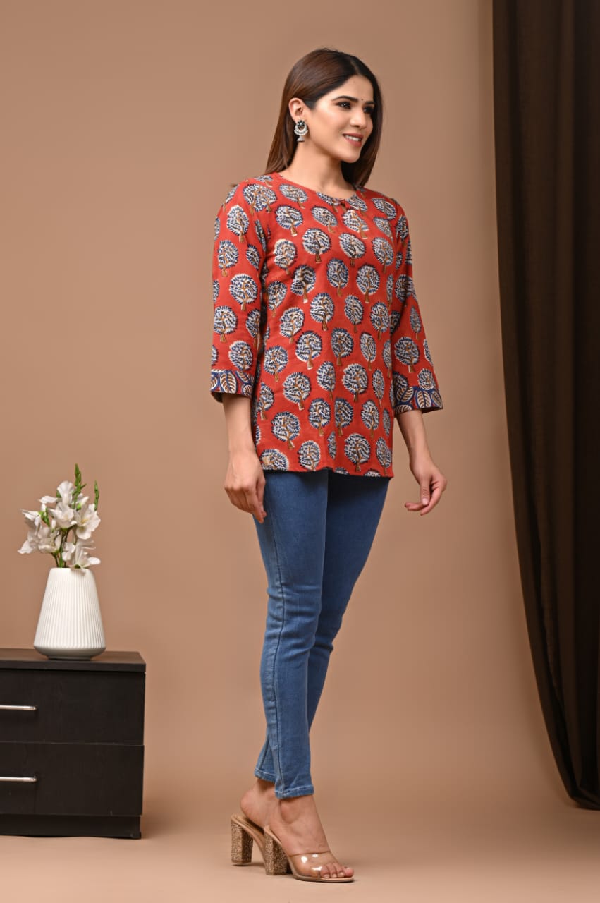 Women's Rust Red Small Floral Block Print Short Top | Round Neck Casual Relaxed Fit Ethnic Kurti