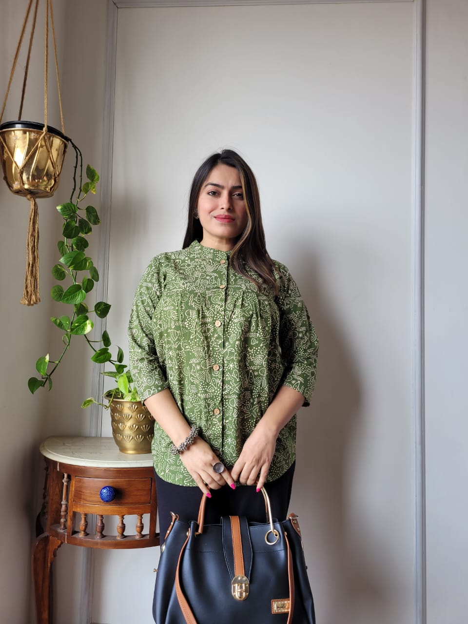 Women's Sage Green Crochet Textured Casual Top | Relaxed Fit Boho Ethnic Wear Shirt