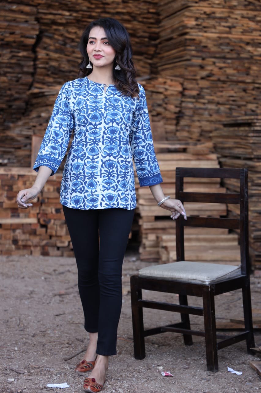 Women's Sky Blue Floral Block Print Short Kurti Top | Round Neck Casual Relaxed Fit Ethnic Shirt