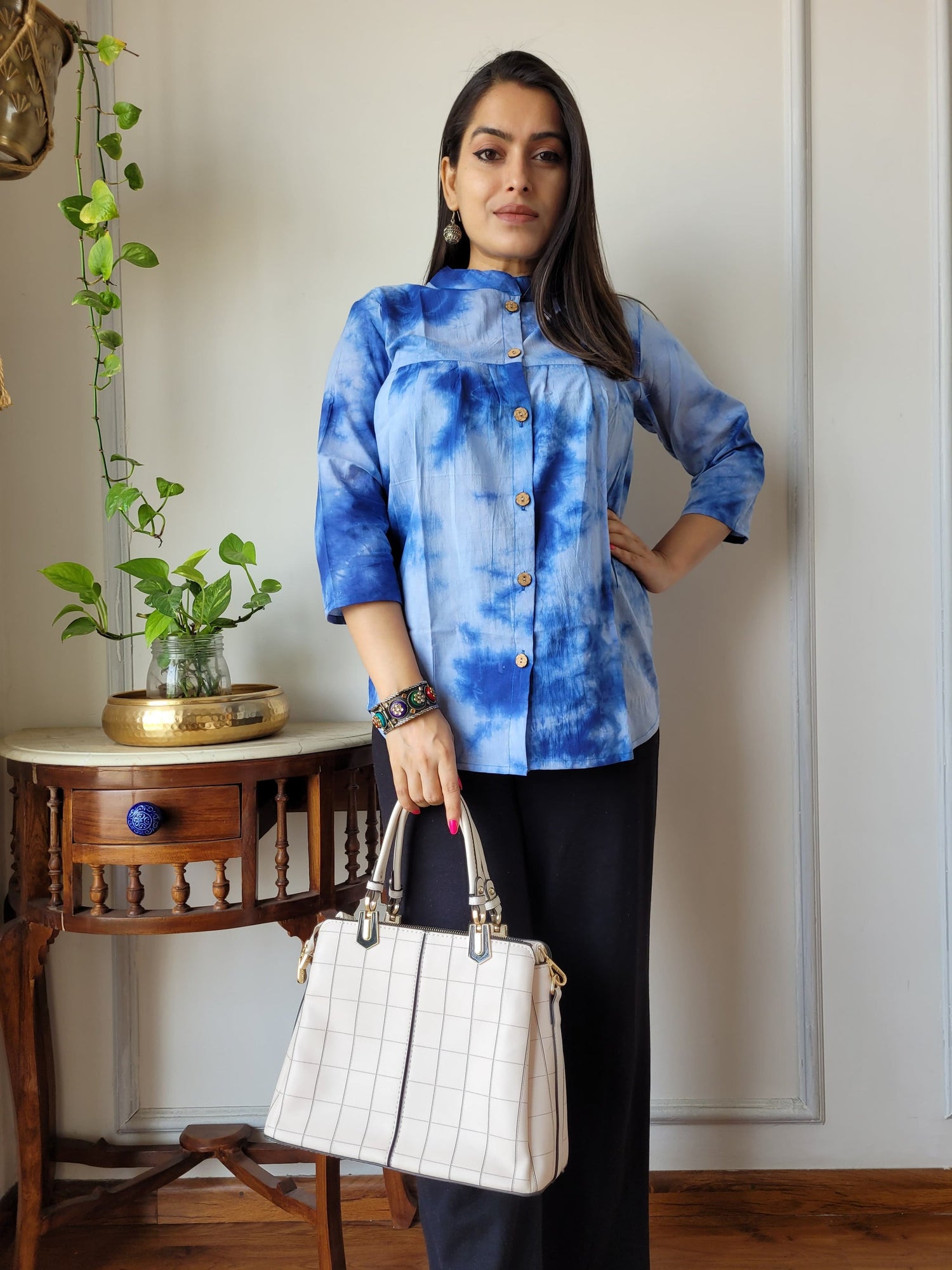 Women's Sky Blue Tie-Dye Printed Top | 3/4 Sleeve Casual Kurti Style Shirt