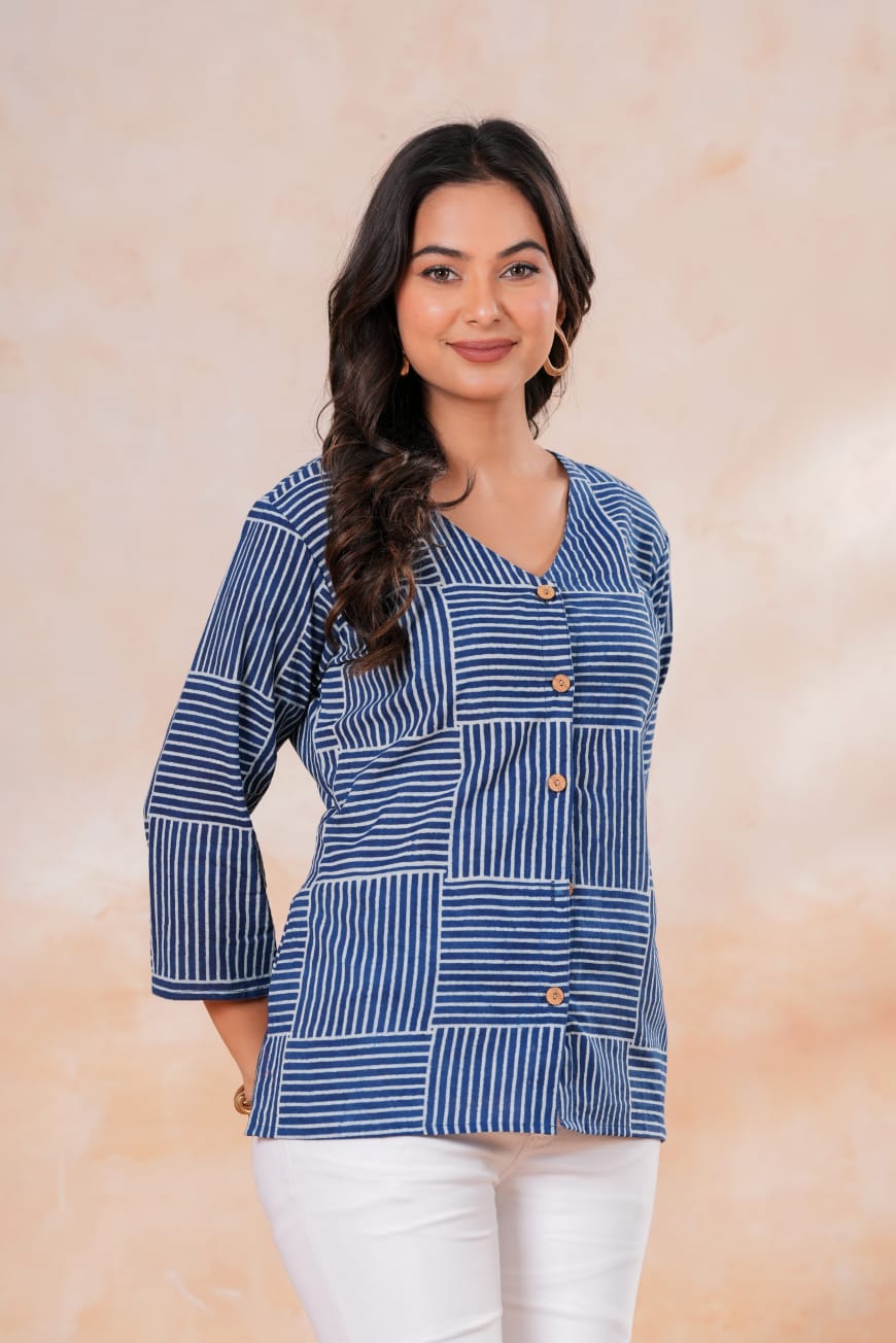 Women's Sky Blue Vertical Stripe Handblock Print Button-Down Short Tunic Top Relaxed Casual Wear