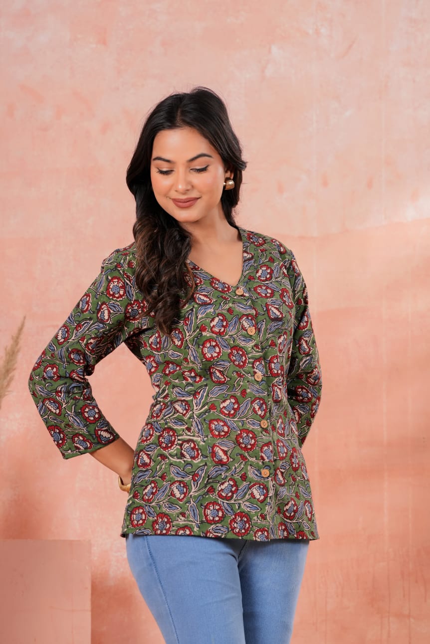 Women's Slate Grey Floral Booti Print Ethnic Short Top Smart Casual Kurta Style