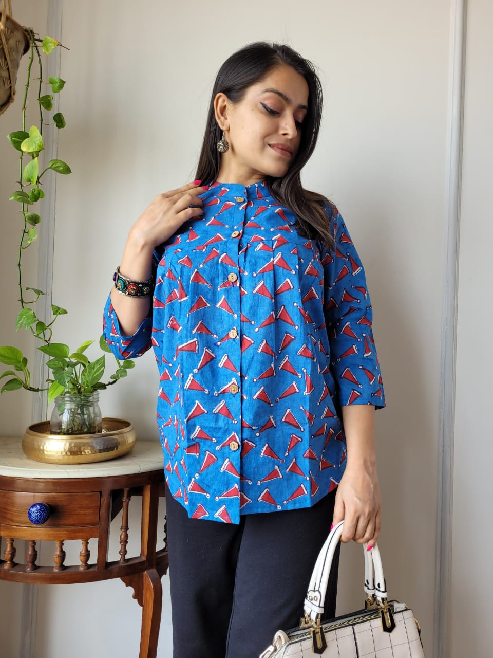 Women's Teal Blue Floral Block Print Casual Top | Loose Fit Mandarin Collar Ethnic Kurti Shirt
