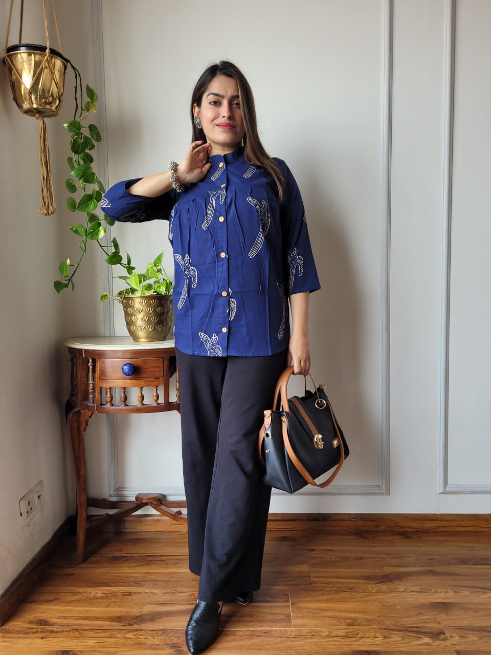 Women's Teal Blue Small Floral Embroidered Print Top | Relaxed Fit Casual Ethnic Shirt