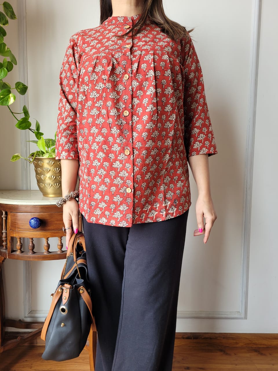 Women's Terracotta Red Geometric Block Print Top | Casual Loose Fit Ethnic Mandarin Collar Shirt