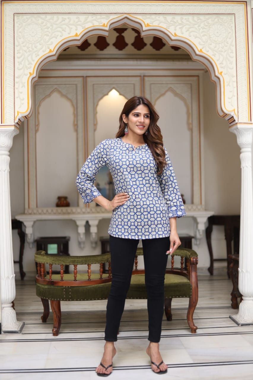 Women's White Grey Floral Jaal Print Longline Casual Top | Round Neck Relaxed Fit Ethnic Wear