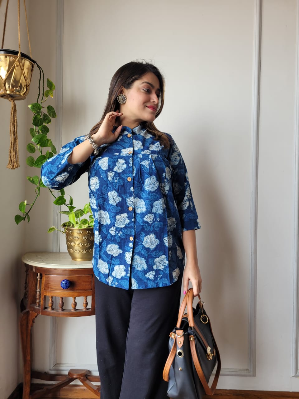 Women's White Indigo Daisy Print Oversized Top | Casual Relaxed Fit Ethnic Mandarin Collar Shirt