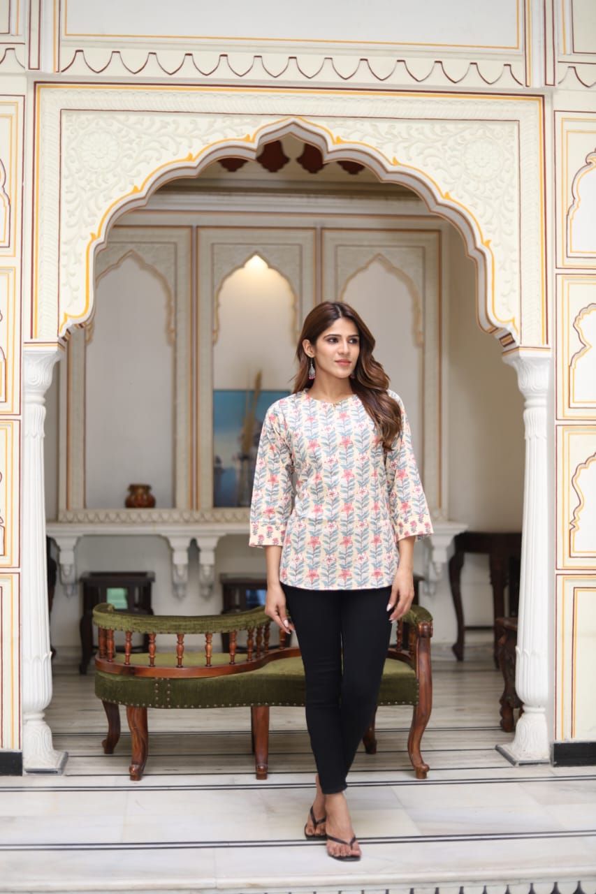 Women's White Subtle Floral Print Longline Casual Top | Relaxed Fit Ethnic Shirt