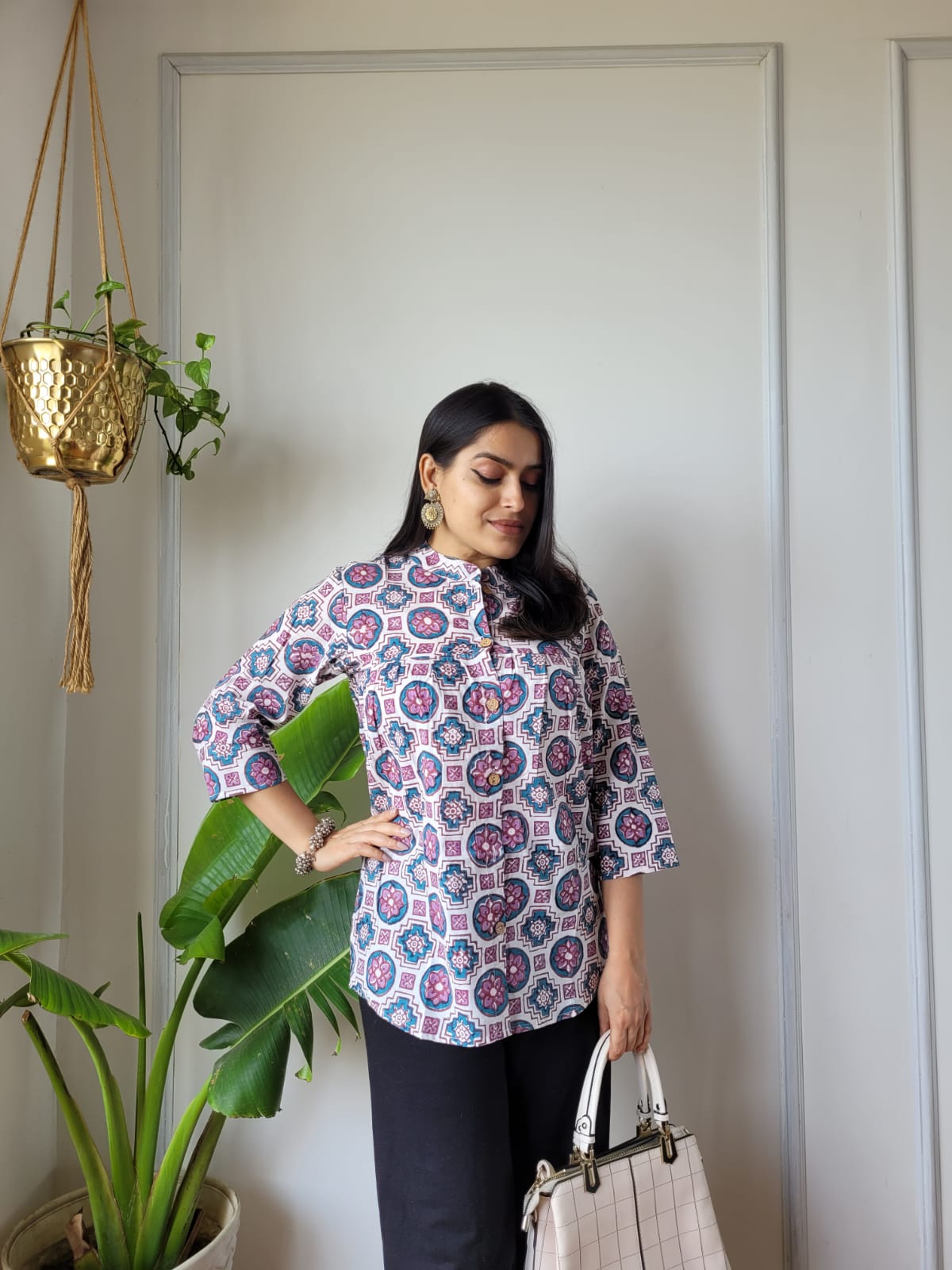 Women's White & Blue Abstract Floral Print Top | Relaxed Fit Casual Ethnic Mandarin Collar Shirt