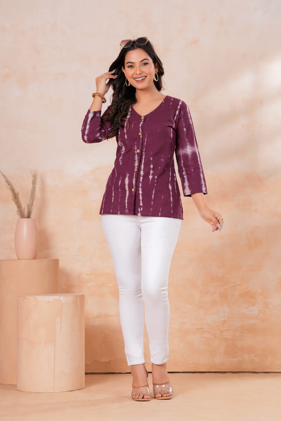 Women's Wine Purple Embroidered V-Neck Bell Sleeve Festive Short Kurti