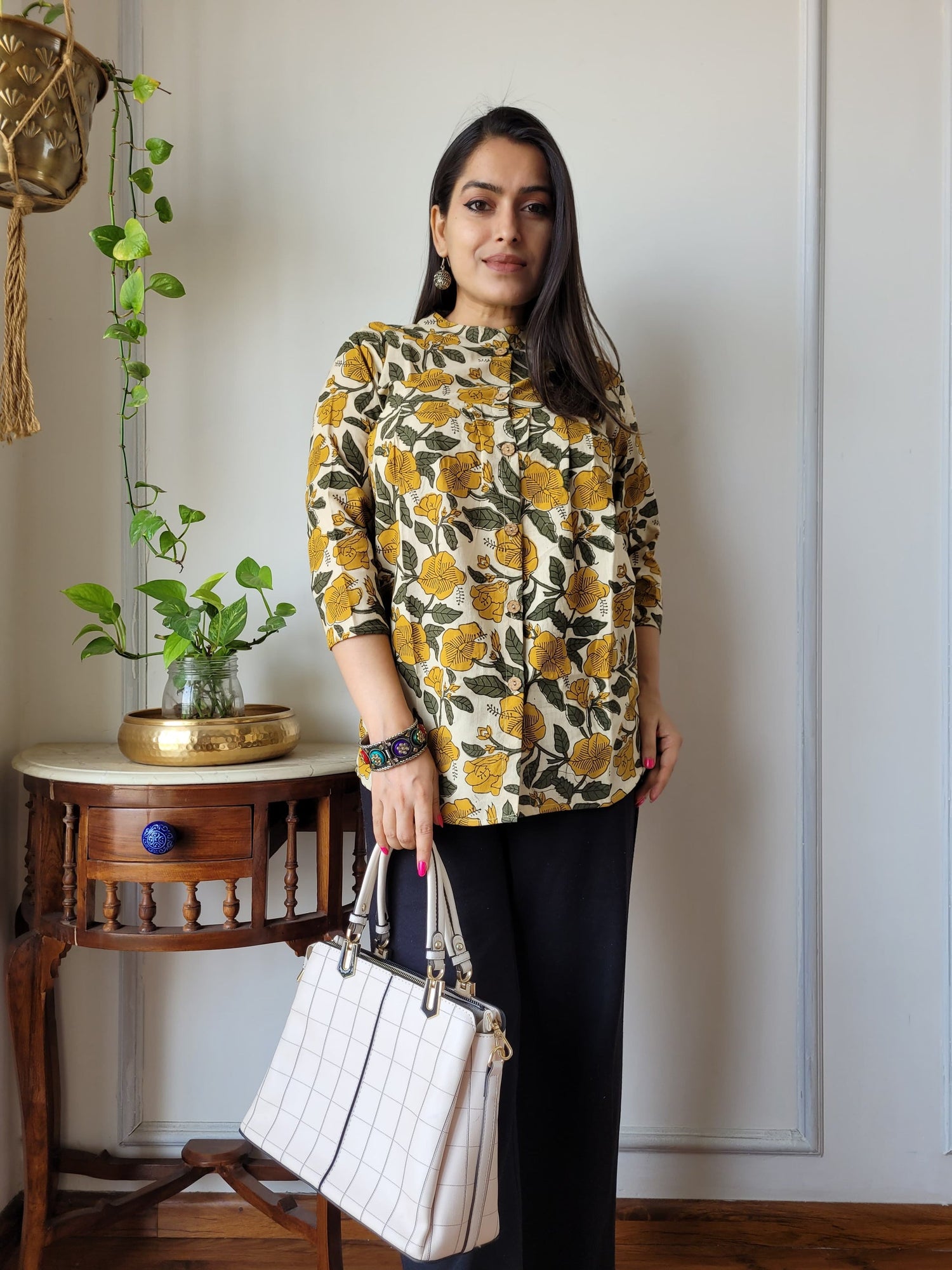 Women's Yellow Floral Printed Cotton Top | Loose Fit Casual Ethnic Shirt