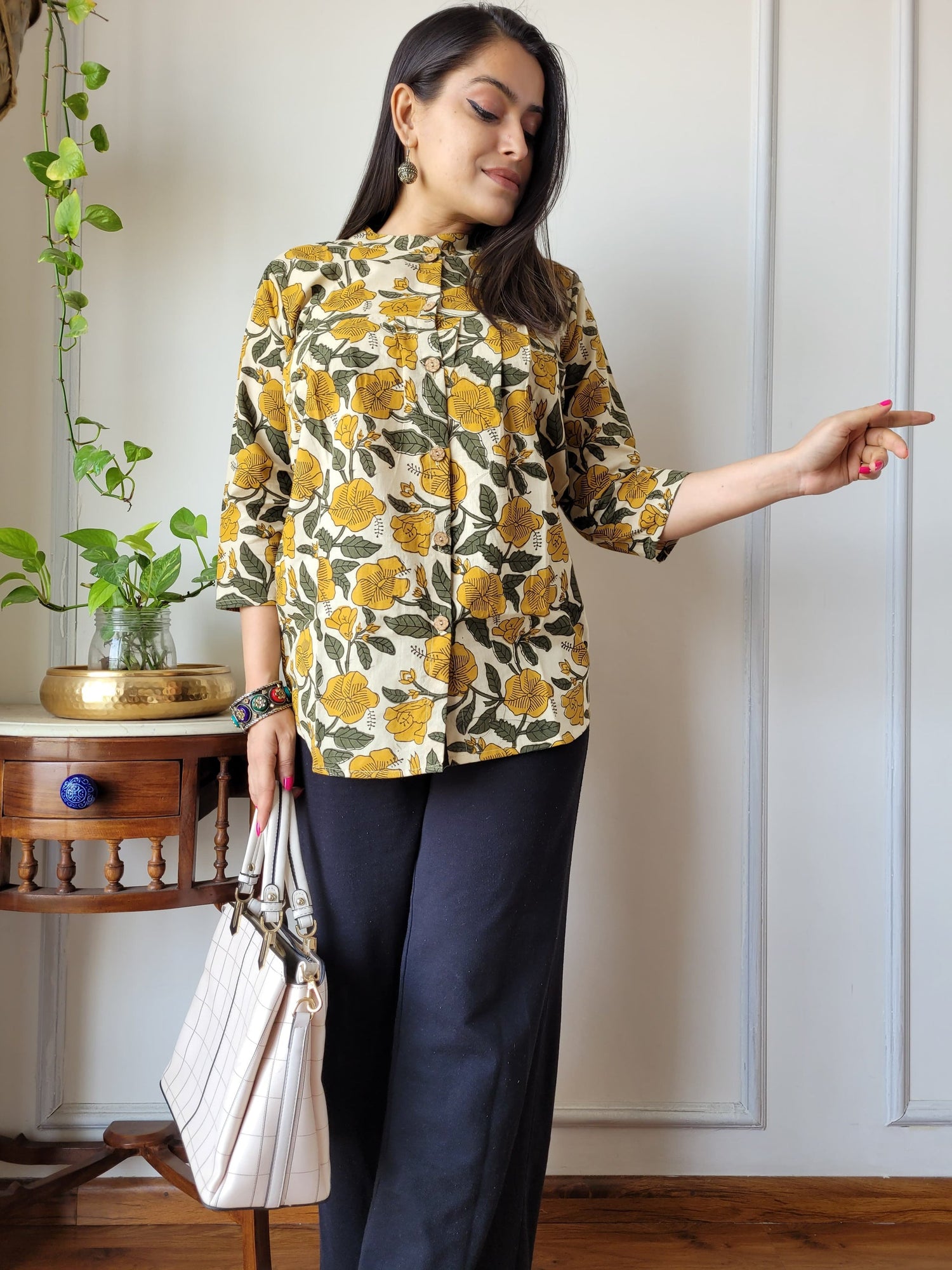 Women's Yellow Floral Printed Cotton Top | Loose Fit Casual Ethnic Shirt