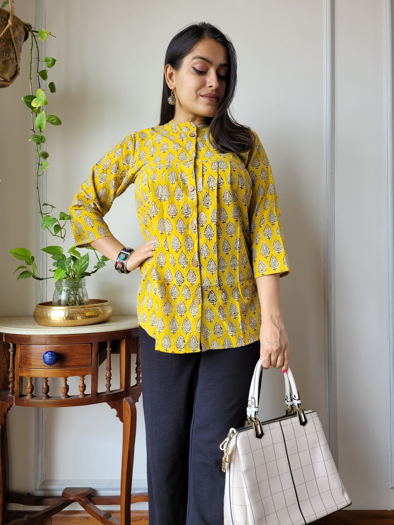 Women's Yellow Printed Casual Kurti Top | Loose Fit Ethnic Shirt