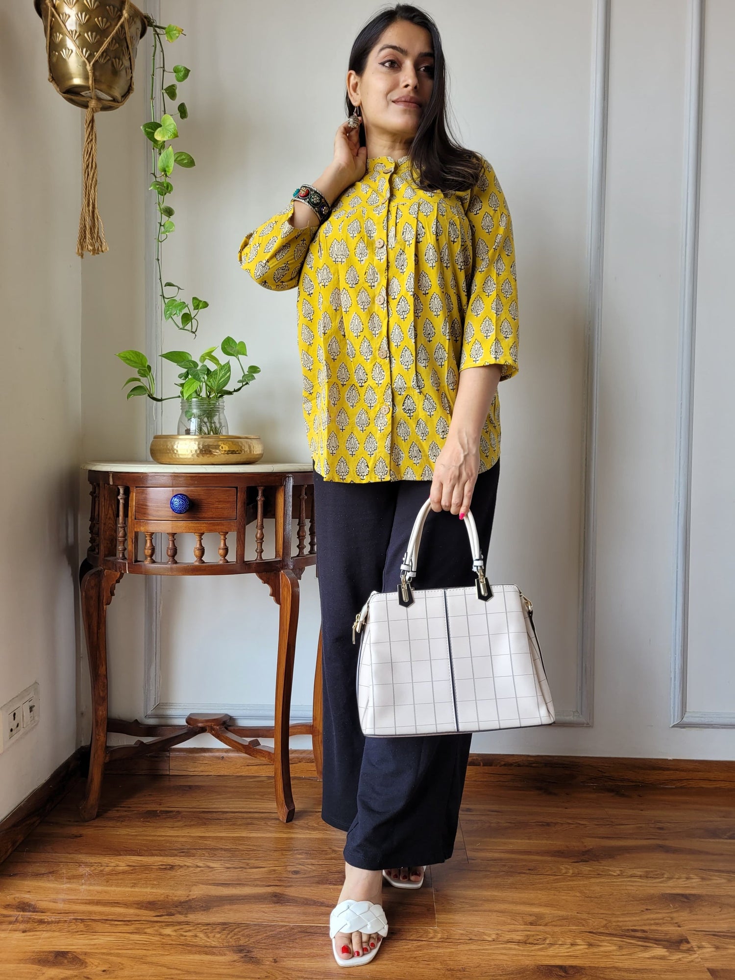 Women's Yellow Printed Casual Kurti Top | Loose Fit Ethnic Shirt