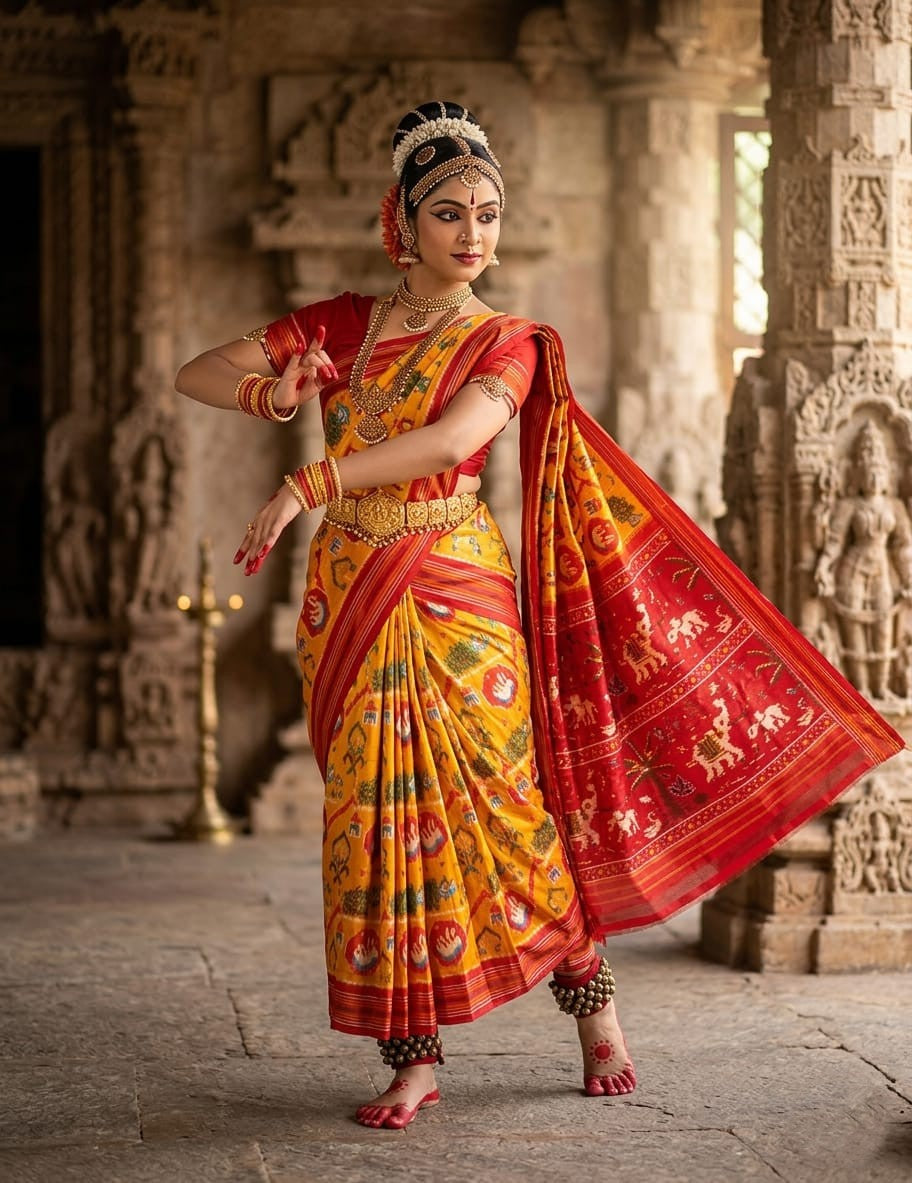 Yellow Barista Soft Silks Saree with Red Traditional Temple Print