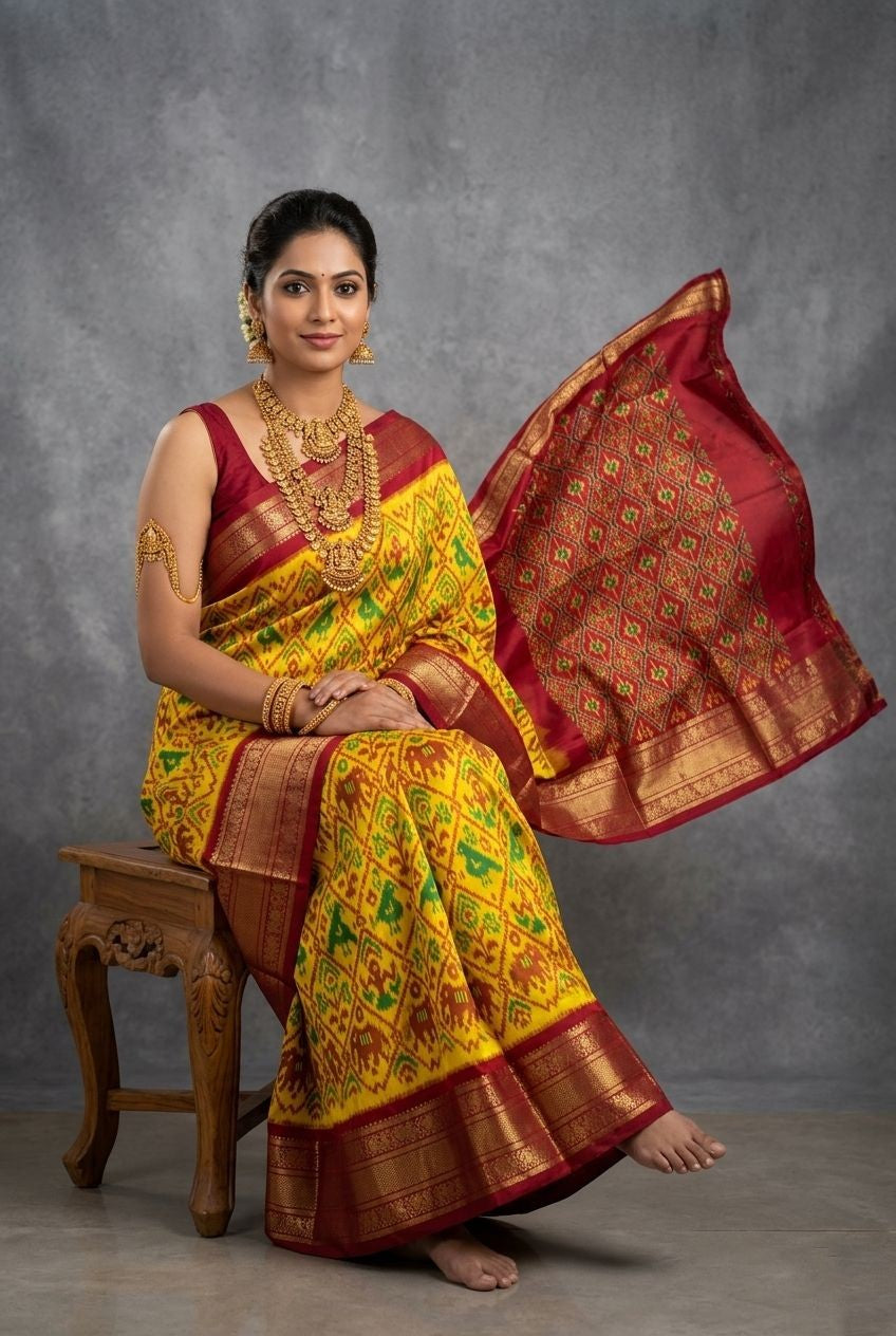 Yellow Bentex Handloom Silk Saree with Maroon Rich Ethnic Pallu