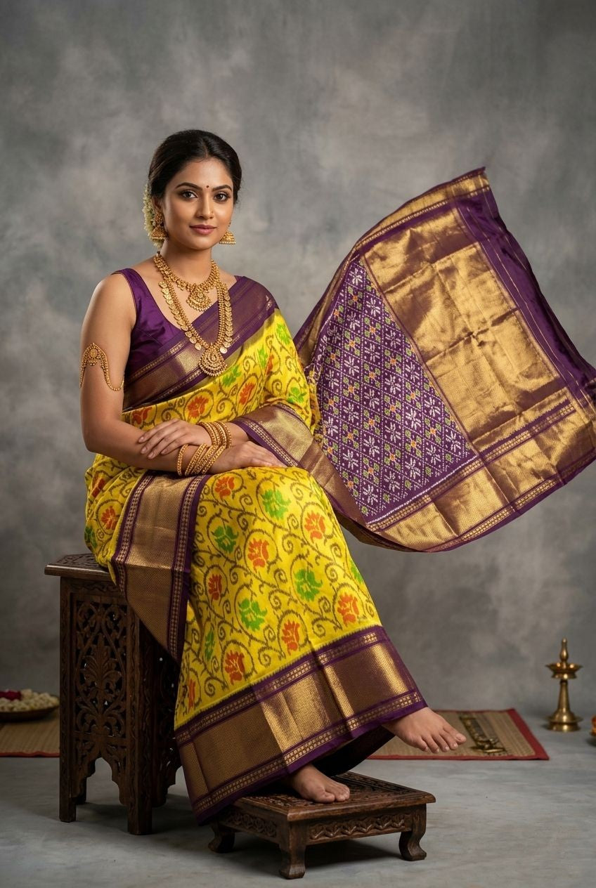 Yellow Bentex Handloom Silk Saree with Purple Rich Zari Pallu