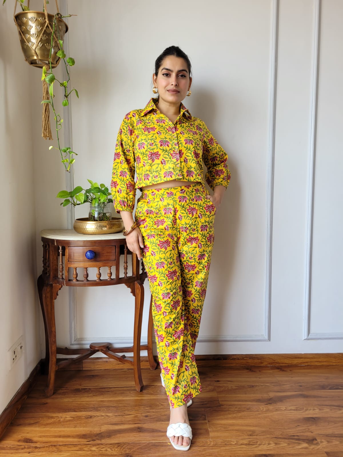 Yellow Floral Pure Cotton Hand Block Print Co-ord Set with Balloon Sleeves