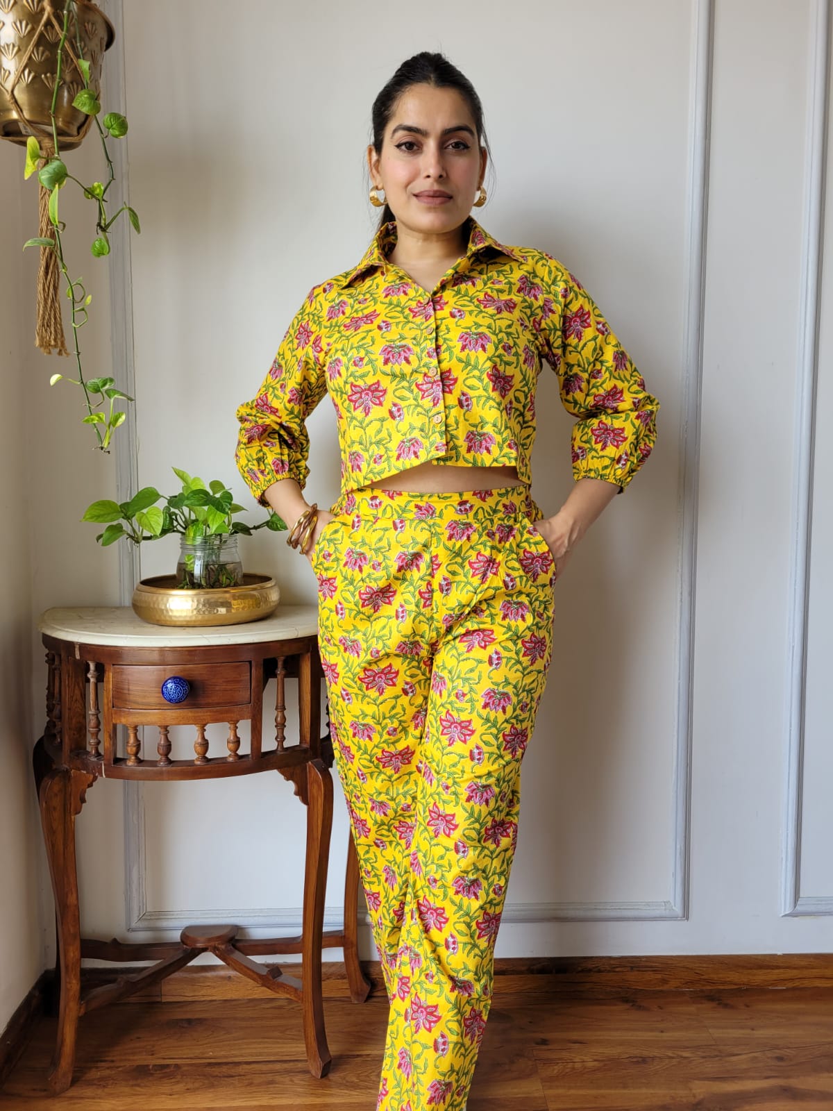 Yellow Floral Pure Cotton Hand Block Print Co-ord Set with Balloon Sleeves