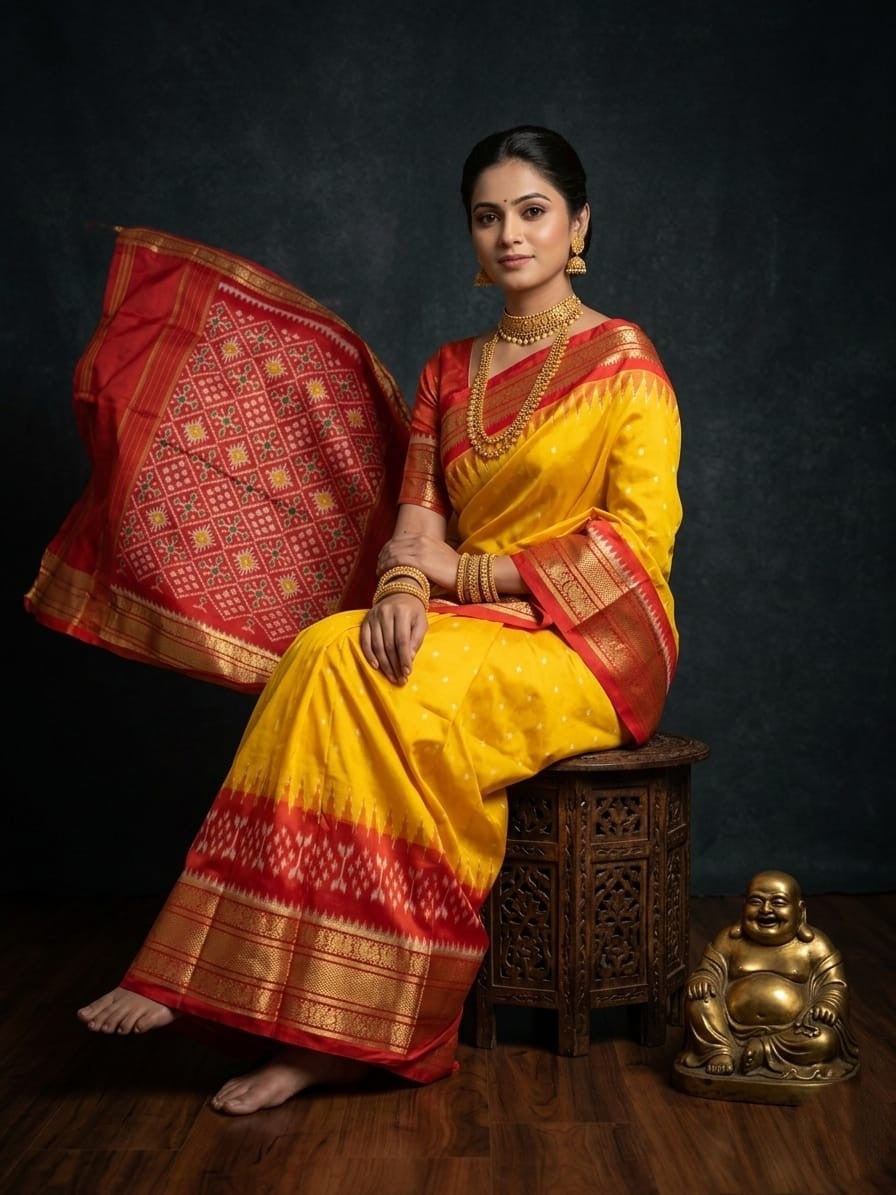 Yellow Handloom Pattu Silk Saree with Red Ethnic Zari Border