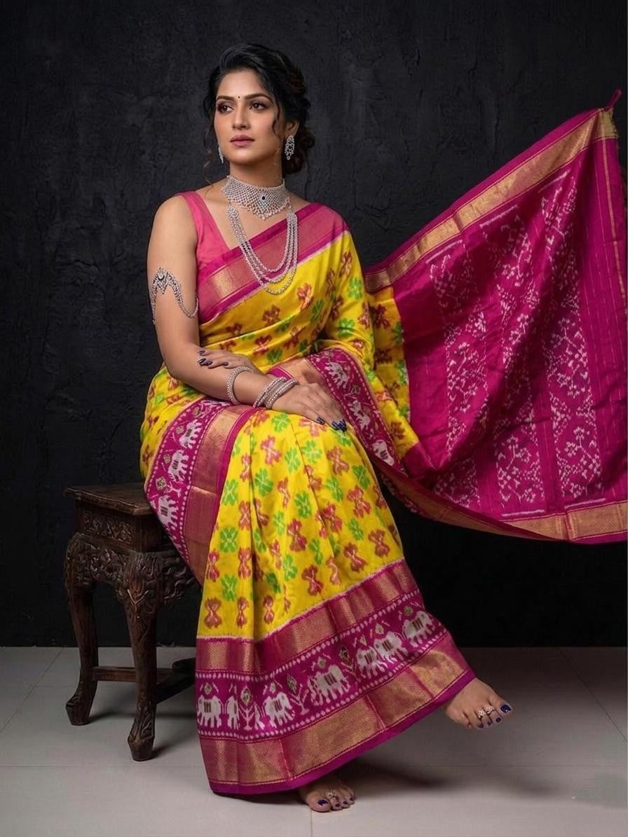 Yellow Pink Banarasi Style Handloom Kotha Silk Saree
