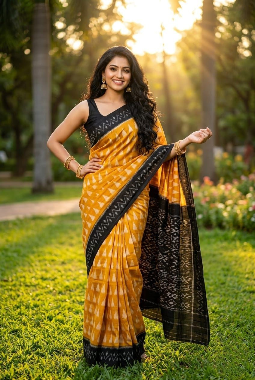 Yellow and Black Handloom Linen Saree with Zari Border | Ethnic Wear for Women