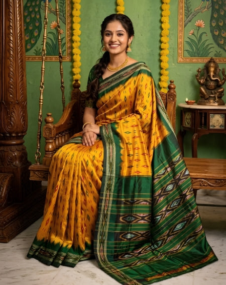 Mustard Yellow Barista Soft Silks Saree with Green Traditional Print