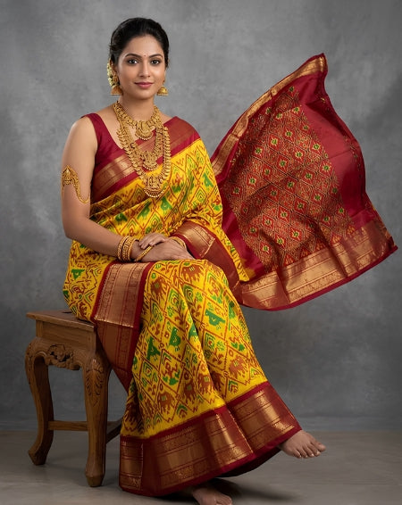 Yellow Bentex Handloom Silk Saree with Maroon Luxury Zari Border
