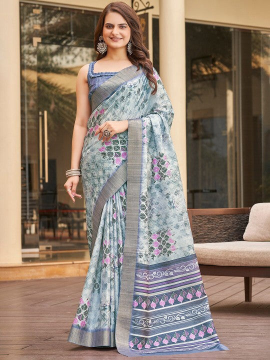 Bridal Function Saree Blue Printed Art Silk With Soft Pattu Weave