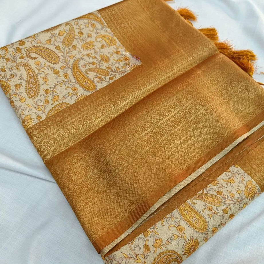 Beautiful Soft Silks Digital Print Golden Saree With Blouse