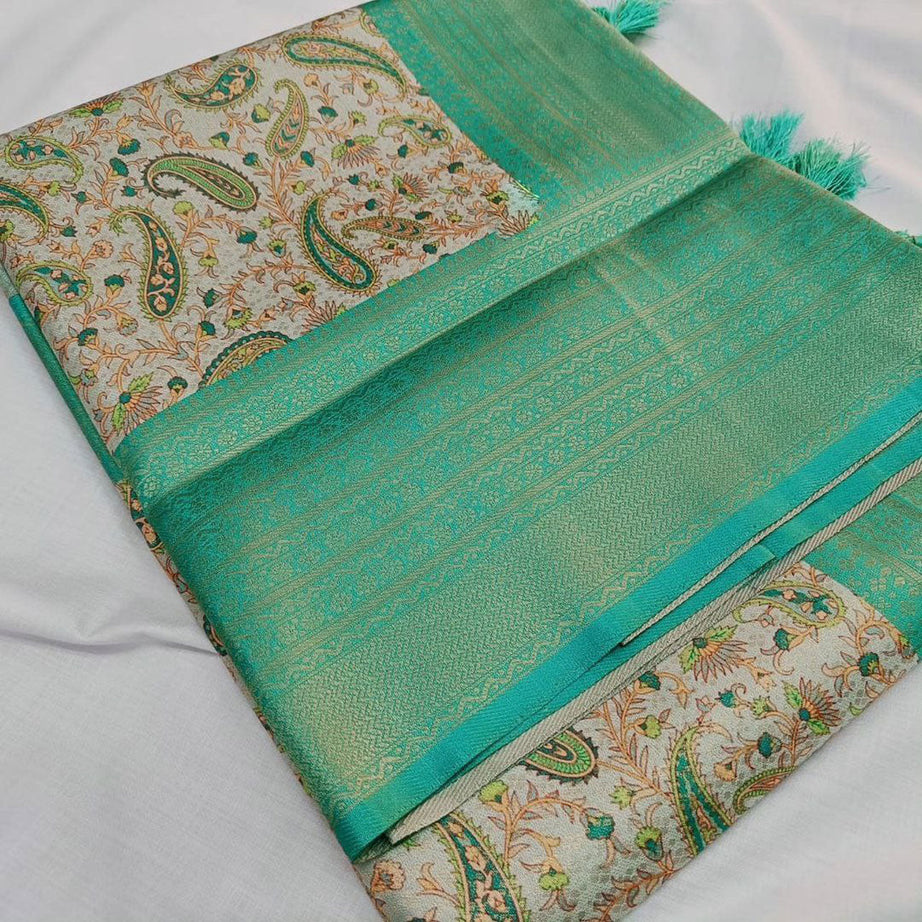 Soft Silks Digital Print Sea Green Stylish Saree With Blouse