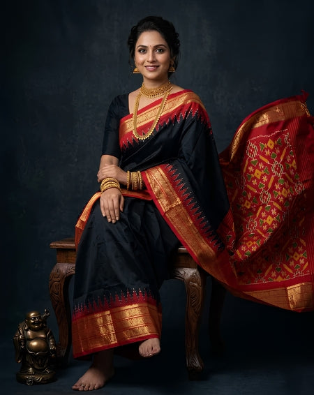 Black Handloom Pattu Silk Saree with Red Traditional Gold Zari Pallu