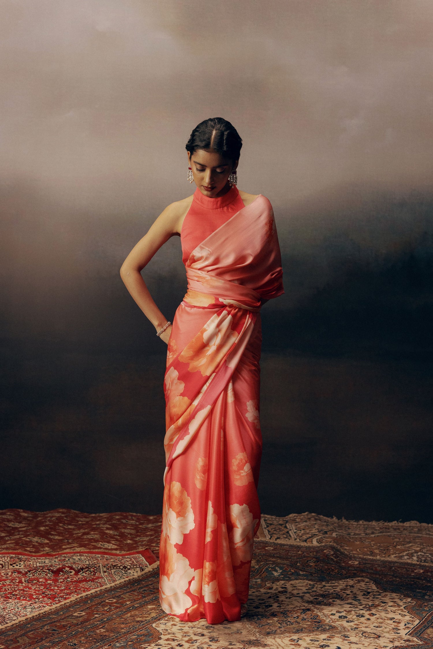 Roma Fuschia Satin Silk Saree with Floral Design | Premvastra