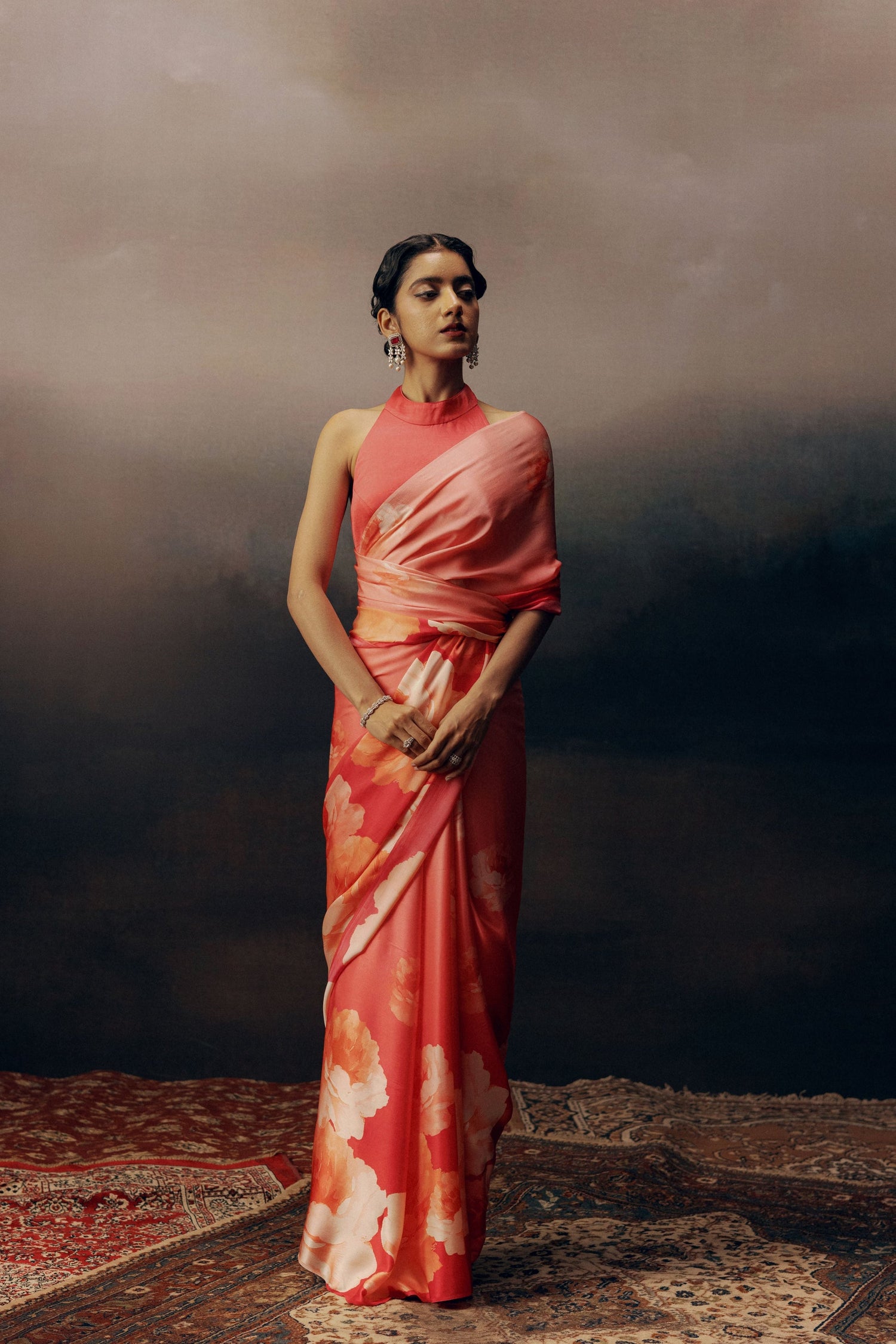 Roma Fuschia Satin Silk Saree with Floral Design | Premvastra