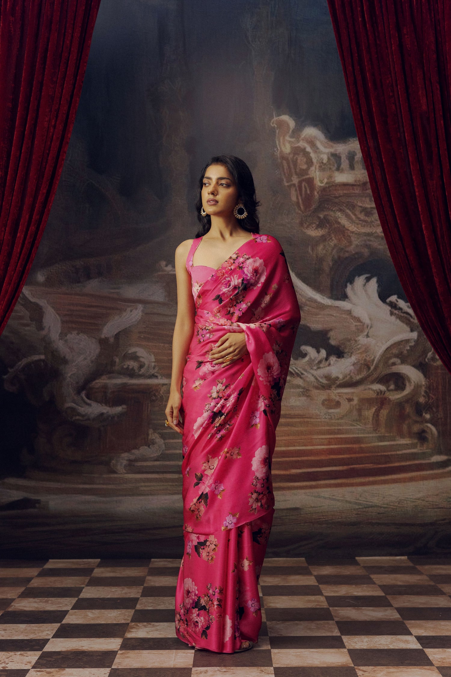 Tina Fuschia Satin Silk Saree | Floral Print Sarees at Premvastra