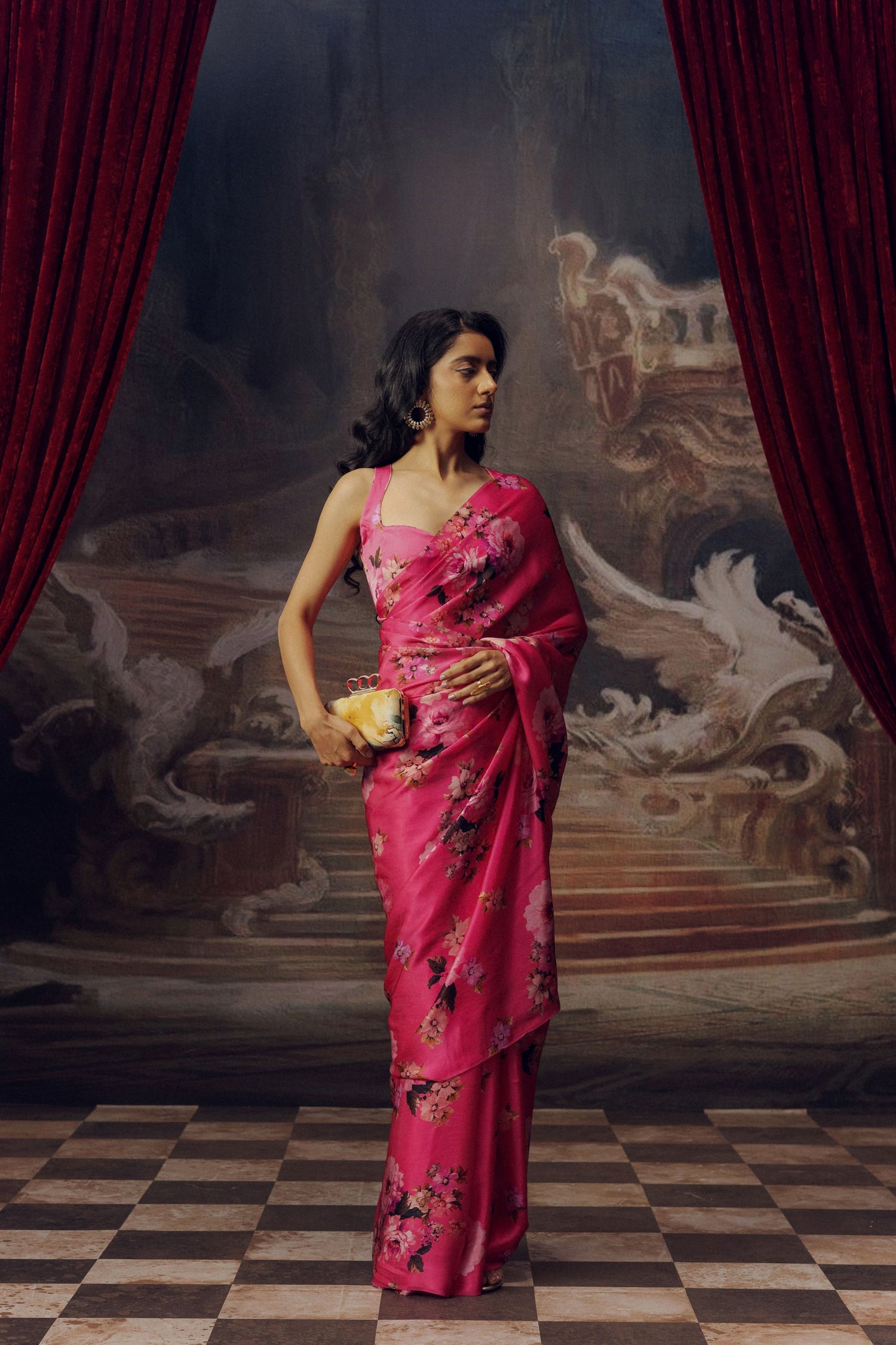 Tina Fuschia Satin Silk Saree | Floral Print Sarees at Premvastra
