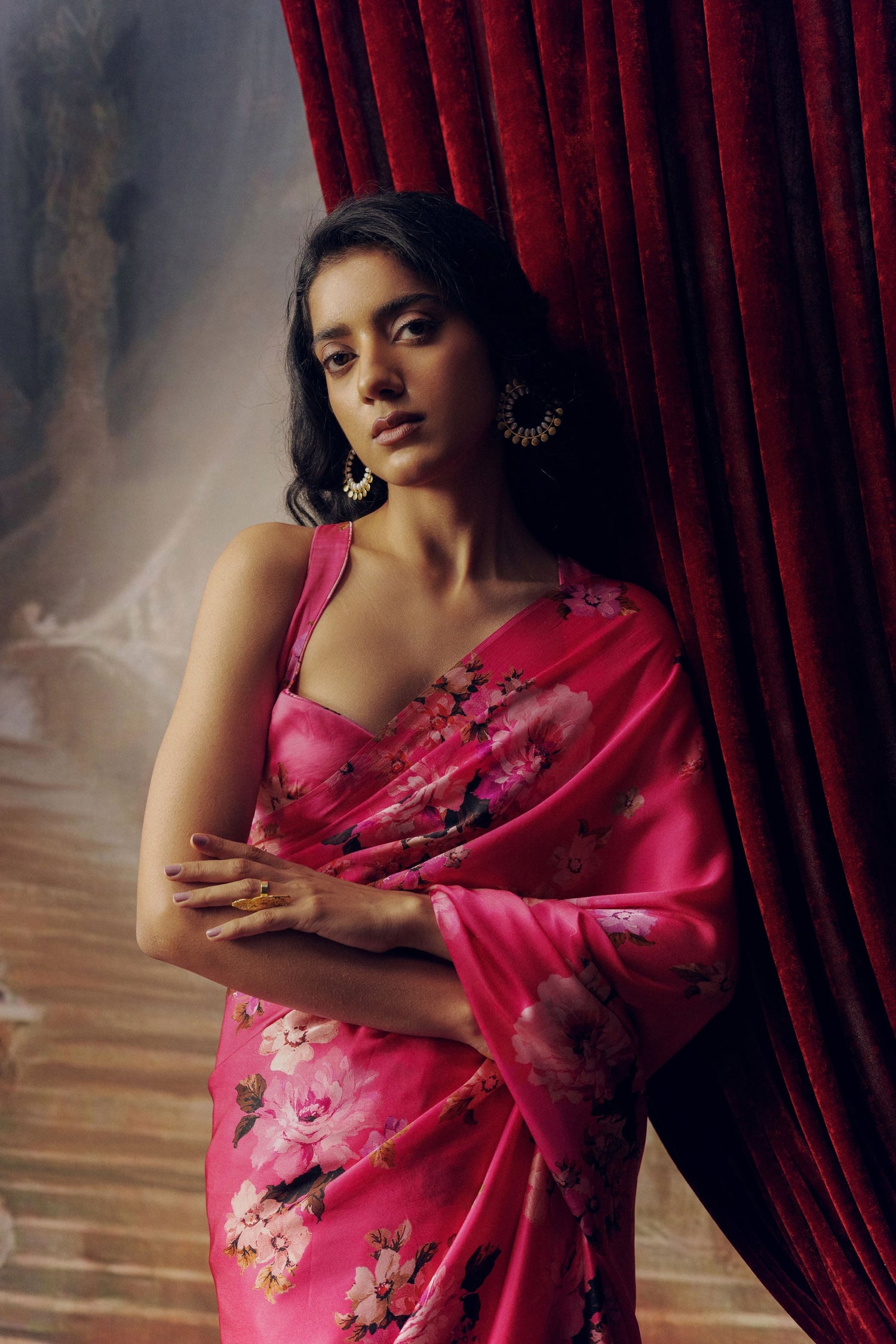 Tina Fuschia Satin Silk Saree | Floral Print Sarees at Premvastra