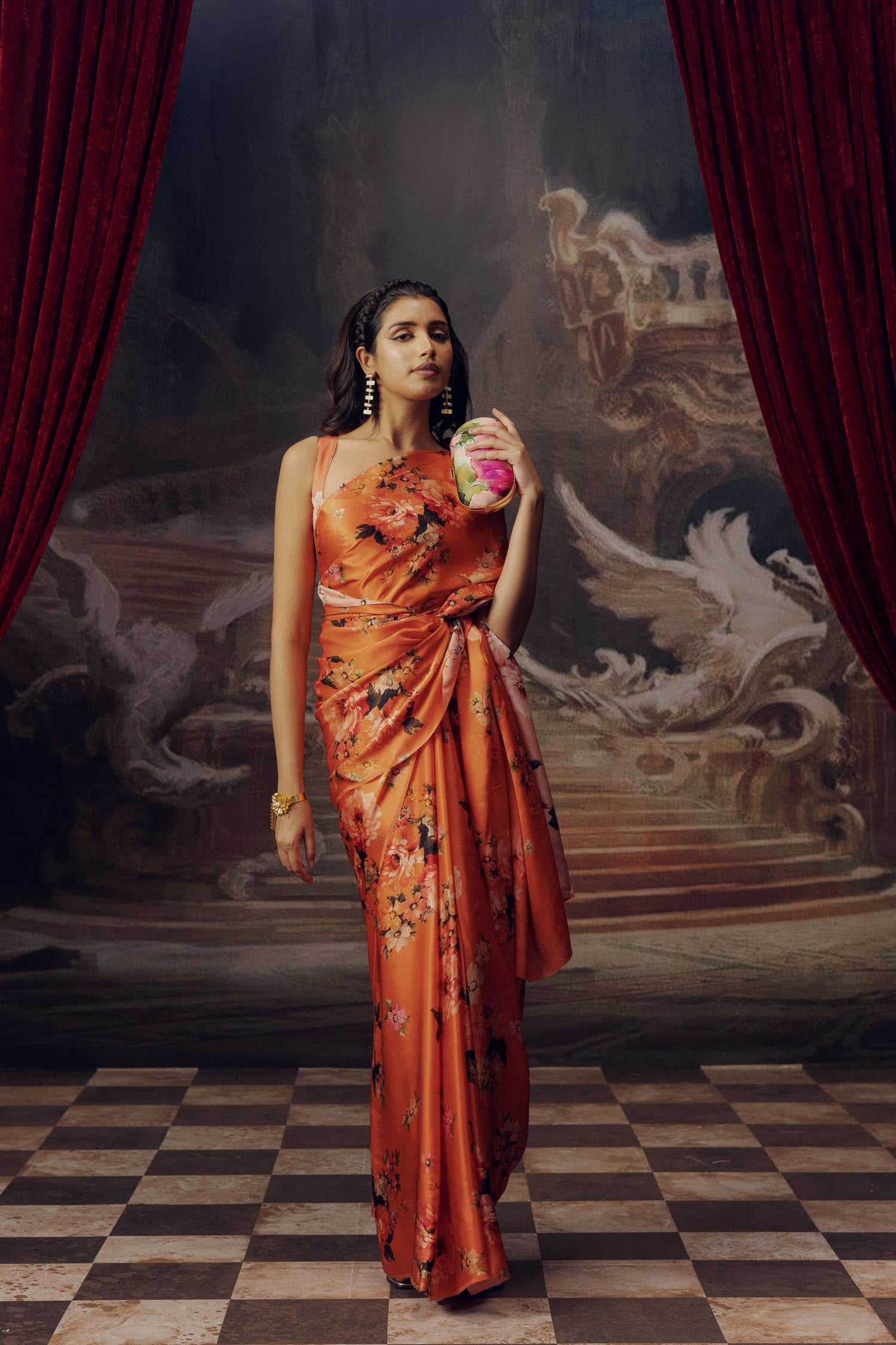 Tina Burnt Sienna Silk | Floral Print Sarees by Studio113